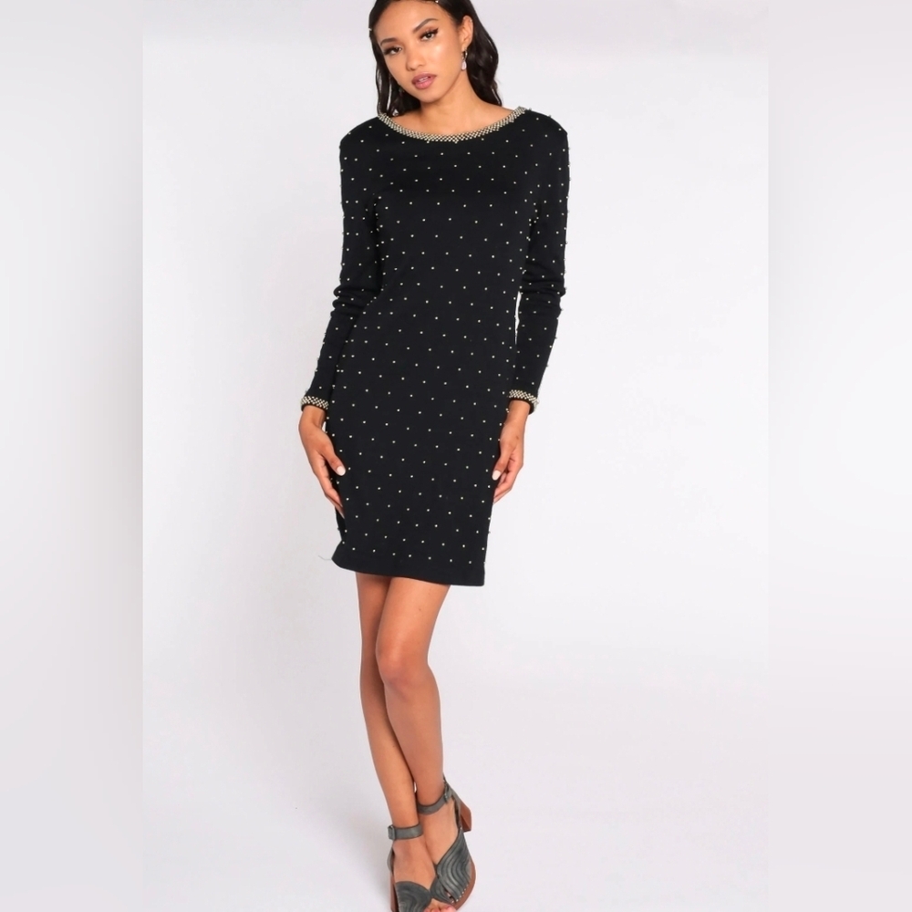 ET AL 90's Vintage Black Wool Blend Dress with‎ Gold Beaded Accents Size 4